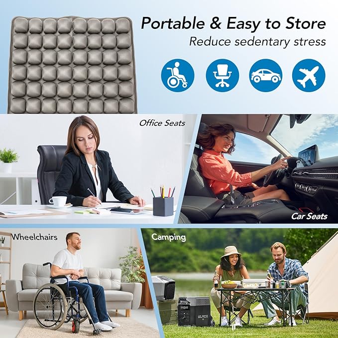 Air Inflatable Travel Seat Cushion, Portable Breathable Comfort Cushion, 56 Air Bubble Design for Airplane, Car, Office Chairs & Home Living – Lightweight & Ergonomic Support,18” x 16” (Grey)