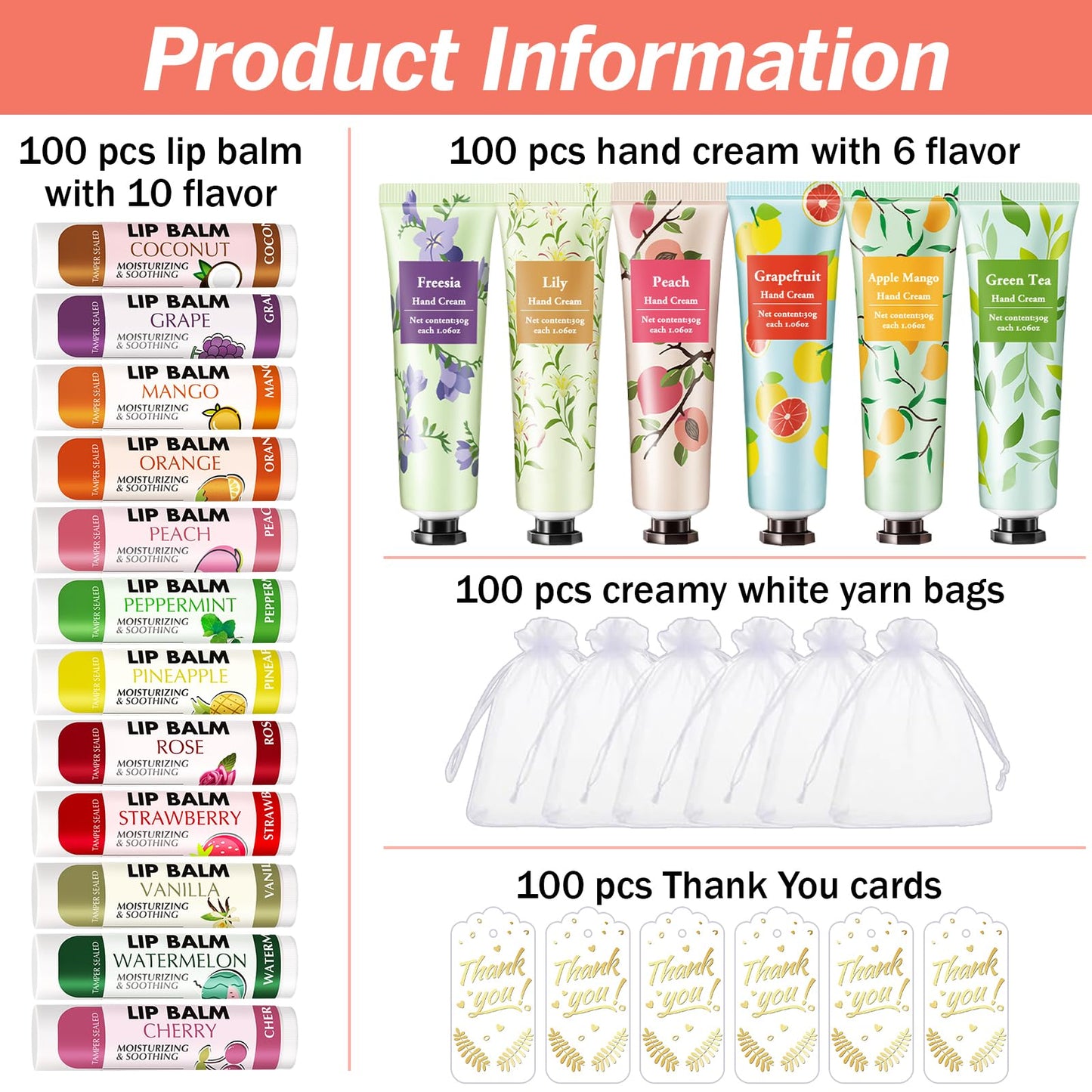 AZEN 100 Sets Bulk Gifts, Hand Cream and Lip Balm Bulk Set with Organza Bag Thank You Card, Baby Shower Wedding Gifts for Guests, Bridal Wedding Favors for Guests, Thank You Gifts for Women