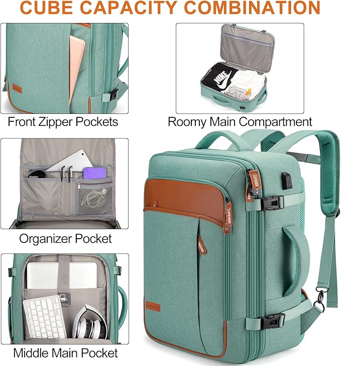 Carry on Travel Backpacks, Extra Large 40L Flight Approved Bag for Men & Women,Expandable Suitcase Backpack With 4 Packing Cubes,Water Resistant Luggage Daypack Business Weekender Bag,Green