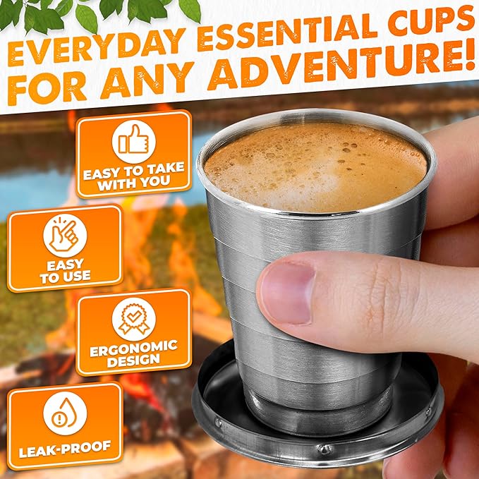 Collapsible Shot Glass with Lid - 2.5Oz (75ml) Stainless Steel Travel Shot Glasses, Rust & Bend Resistant, Keychain for Easy Portability - Collapsible Cups for Traveling, Fishing, Camping