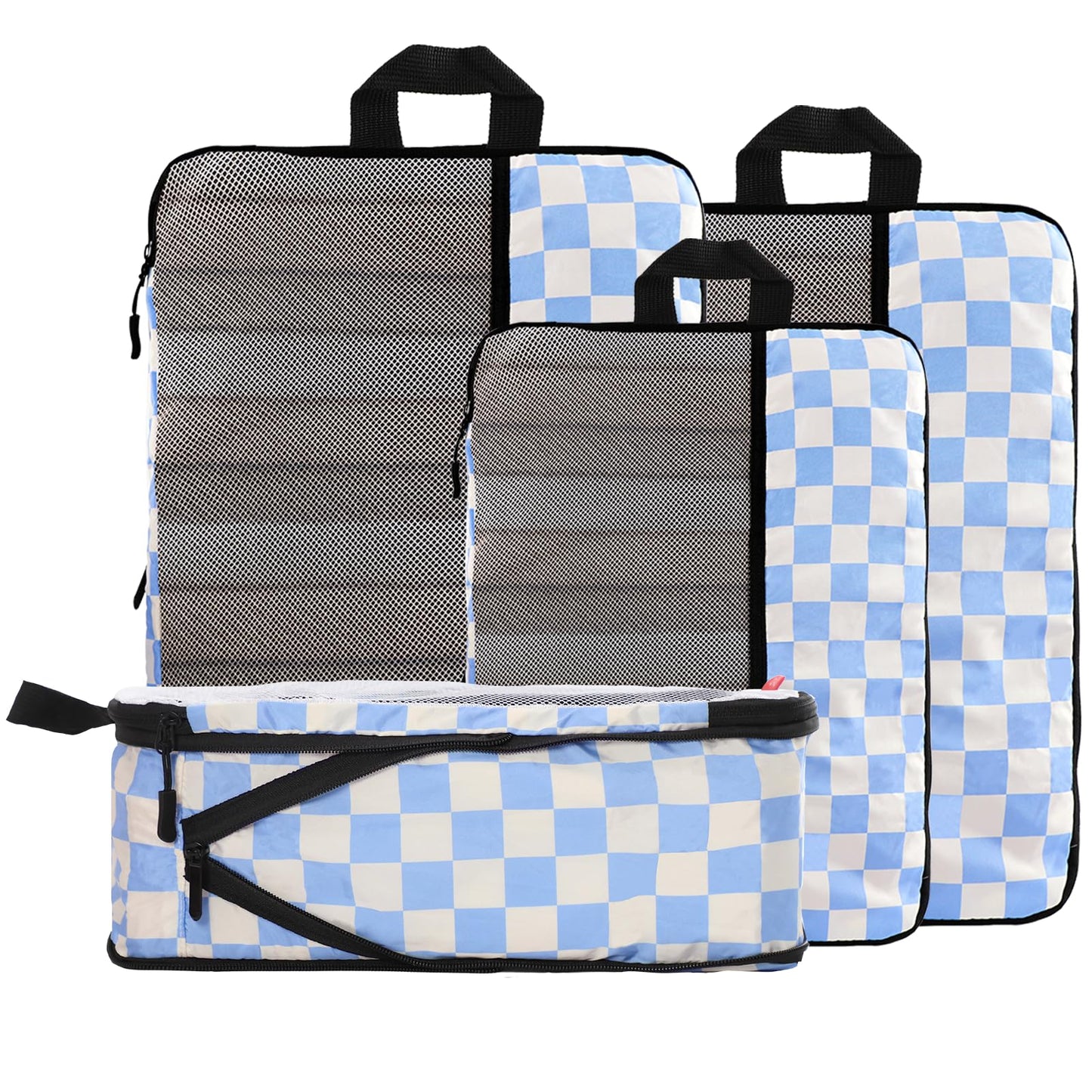 U+U 4 Set Compression Packing Cubes - Ultralight Travel Organizers, Space-Saving Suitcase Organizer, Expandable Packing Cubes for Travel, Business Trip and Family Vacation (Blue Checkered)