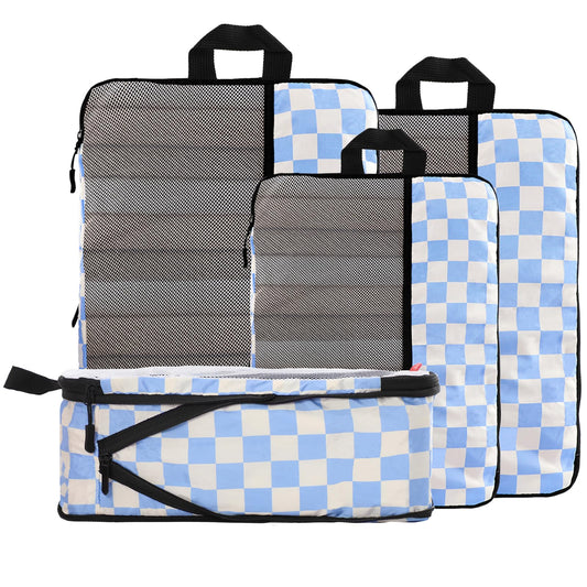 U+U 4 Set Compression Packing Cubes - Ultralight Travel Organizers, Space-Saving Suitcase Organizer, Expandable Packing Cubes for Travel, Business Trip and Family Vacation (Blue Checkered)
