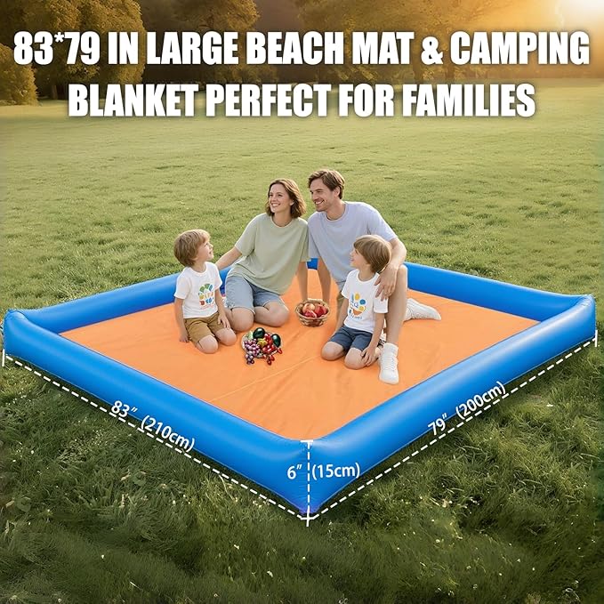 Large Beach Blanket Sandproof, 79"×83" Beach Mat for Family, Beach Mats with Pillow, Camping Sleeping Mat Portable Outdoor with Side Walls, Beach Essentials