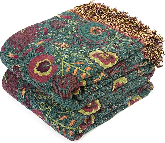 Boho Throw Blanket for Bed 100% Cotton Ultra Soft Rustic Quilt Farmhouse Decor Bed Fall Blanket,All Season Rustic Throw for Sofa Couch Chair (Flower-Dark Green, 60"×80")