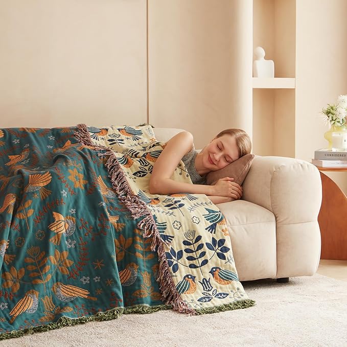 Boho Throw Blanket for Couch 100% Cotton Ultra Soft Rustic Quilt Birds and Floral Double Embroidery Fall Throw Blankets,50"×60" All Season Throws for Sofa Chair