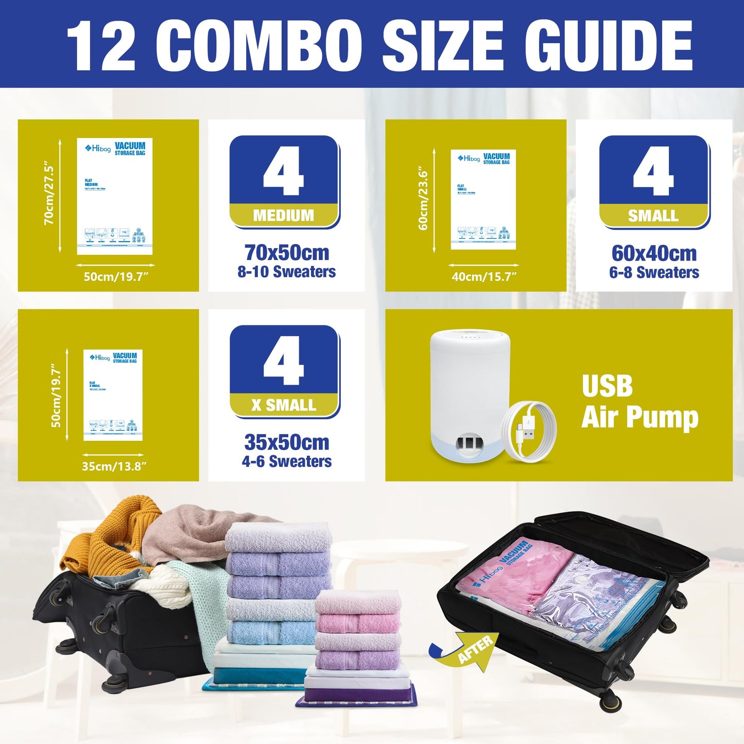 HIBAG Travel Vacuum Bags with Electric Pump for Luggage and Suitcase, Vacuum Seal Compression Packing Bags for Clothes Clothing, Combo 12 Pack