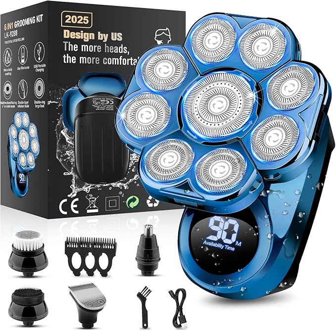 9D Electric Head Shaver for Bald Men, Upgraded 5-in-1 Waterproof Wet/Dry Grooming Kit Electric Shaver for Men, Cordless Rechargeable Bald Head Razor for Home&Travel