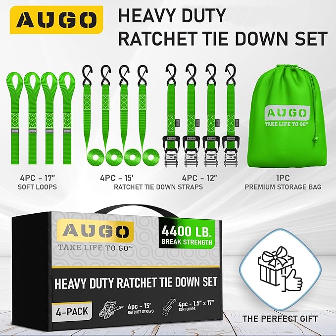 AUGO Heavy Duty Ratchet Straps & Soft Loops – Pack of 4 Extra Strong 1.5” by 15’ Ratchet Straps w/S-Hook Safety Latches & 4 Soft Loop Tie Downs – 4400Lb Break Strength for Motorcycles, ATVs, Etc.