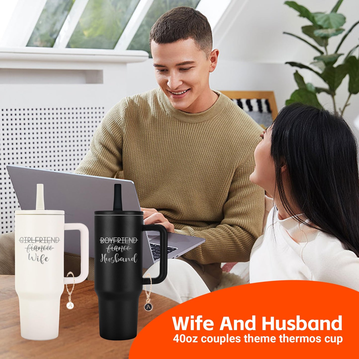 Wedding Gifts for Couples 2025 Husband and Wife 40 oz Tumbler Cup for Couples with Handle Lids Straws Letter Charm Accessories 2 Pack Engagement gifts for Couple Bridal Shower Gifts for Bride Groom