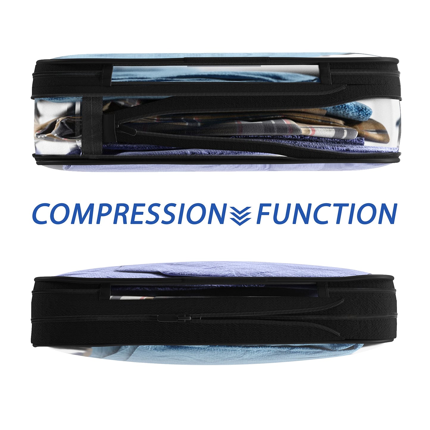 Clear Compression Packing Cubes 3 Set - Large See-Through Plastic Suitcase Bags for Travel - Luggage Compressable Organizers - Transparent PVC Collapsible Cosmetic Bag for Backpack Black