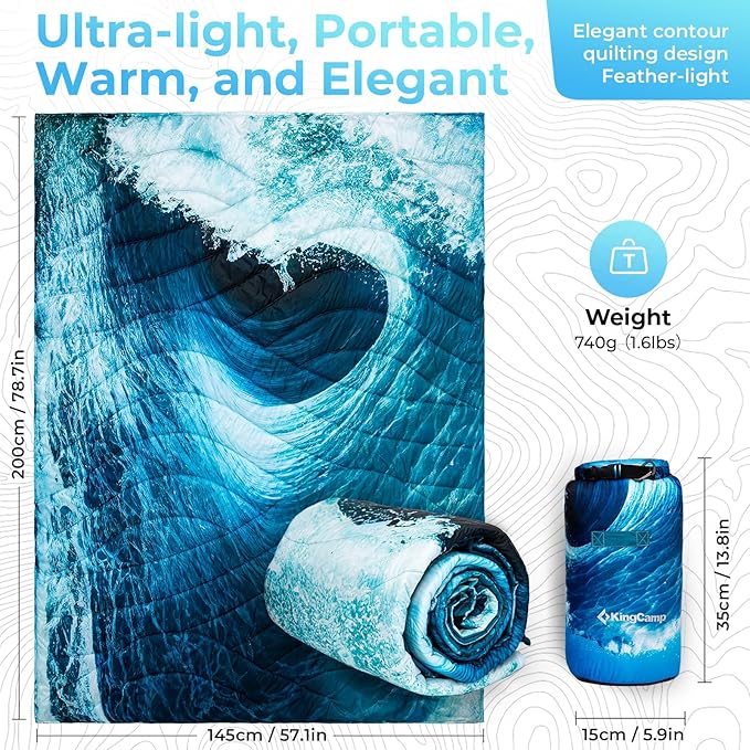 KingCamp Ultralight Camping Blanket, Packable Down Alternative Puffy Printed Wearable Blanket with Snap Buttons & Corner Loops Weatherproof Quilt for Outdoor Travel Stadium (79"L x 57"W SEAWAVE)