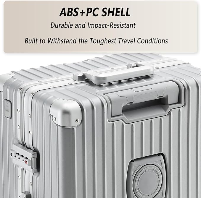 24 Inch Zipperless Checked Travel Luggage with Spinner Wheels,ABS+PC Hard Shell Suitcase with TSA Approved USB Port,Cup & Phone Holder for Women Men,Silver