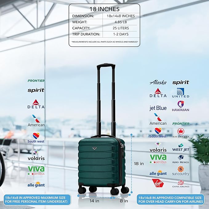 Carry On Suitcase Hardside Built In TSA Lock & USB Port Silent Double Spinner Wheels Maximum Underseat Carry-On Bag For American & United Approved Airlines( 18x14x8" ,Forest Green )