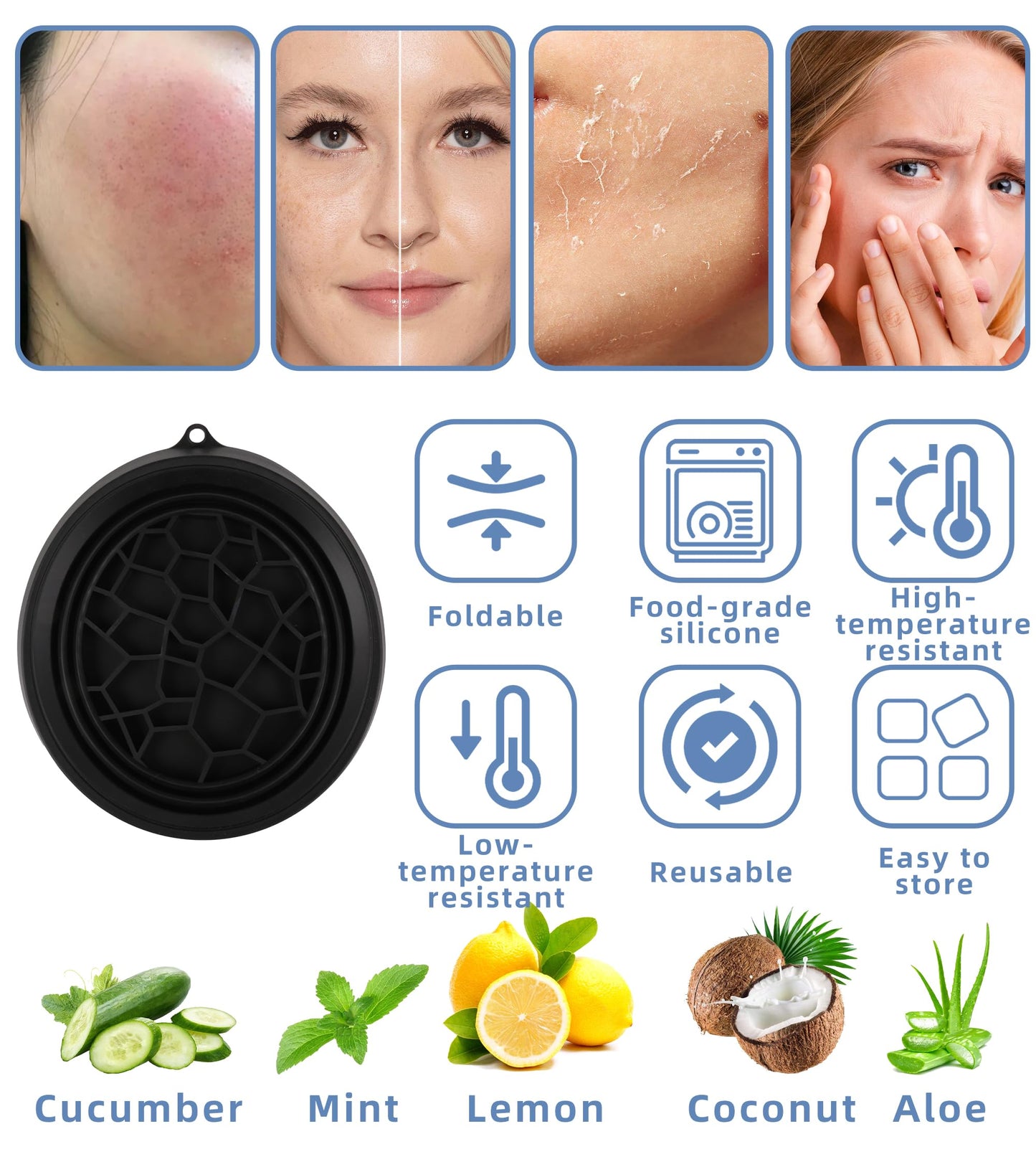 Face Ice Bath Bowl Silicone Face Ice Bath Ice Facial Folding Washbasin with Built-In Ice Tray and 3 foldable hair bands, Foldable & Portable Bowl for Home Ice Water Facials (Black)