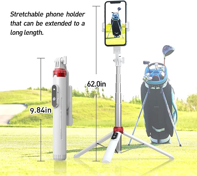 62" Phone Tripod & Selfie Stick for Golf Training, Extendable Cell Phone Tripod Stand with Wireless Remote and iPhone Holder, Golf Training Aid - Compatible with iPhone Android (White)