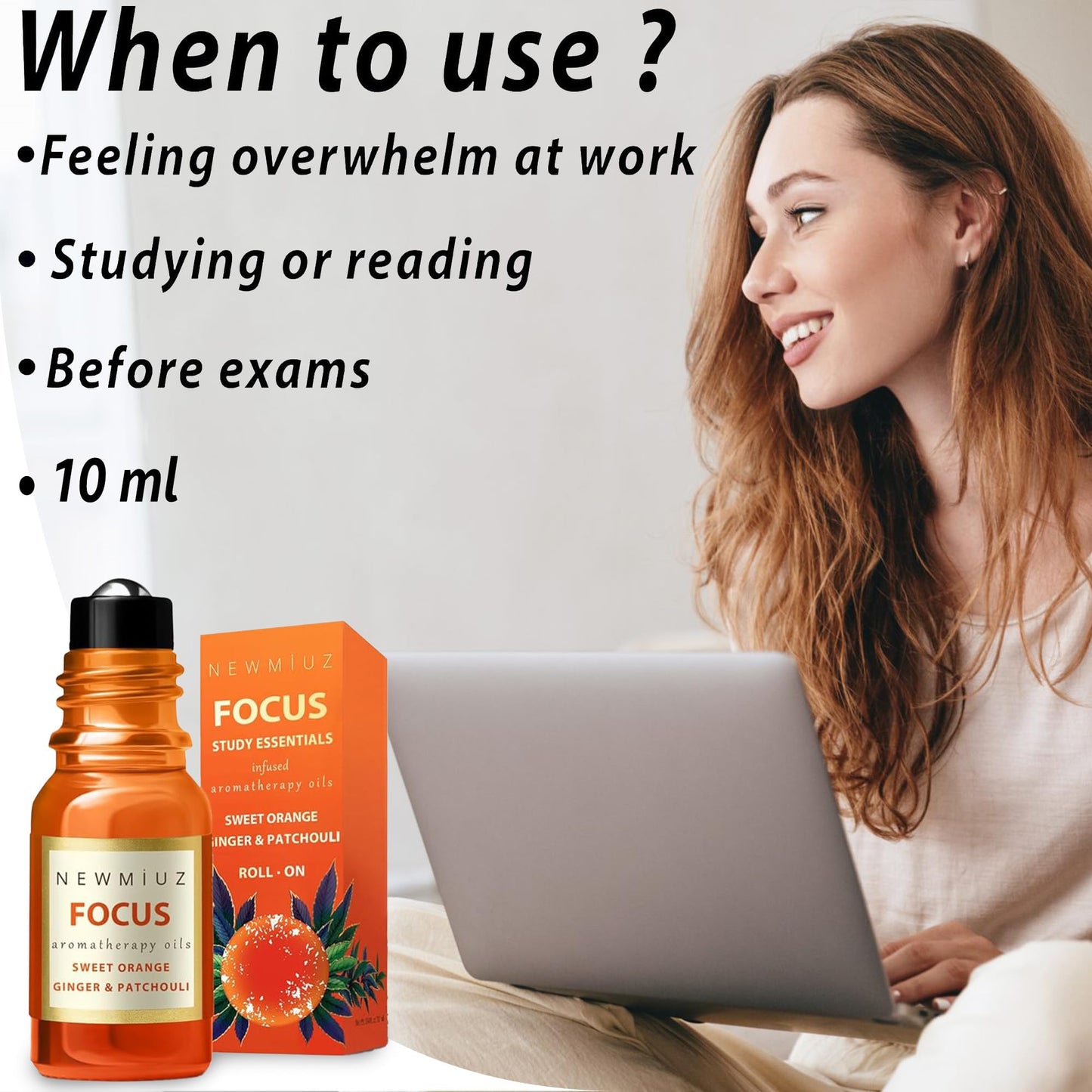 Focus Roll On Essential Oil Concentration Memory Attention Orange Ginger Patchouli Functional Aromatherapy Stick Self Care Study Gift Stocking Stuffer