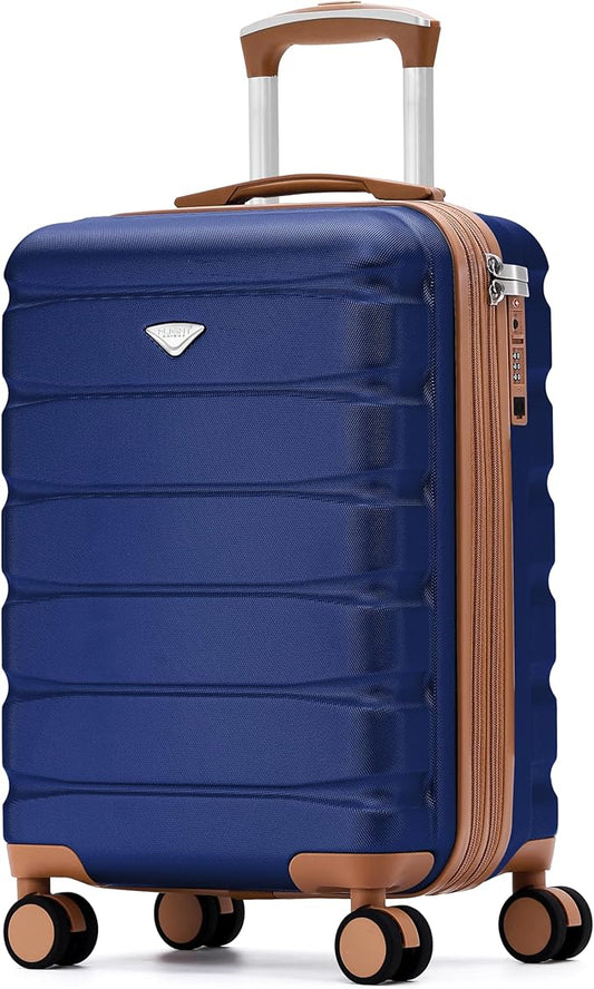 Carry On Suitcase Hardside TSA Lock & USB Port Silent Double Spinner Wheels Maximum Carry-On Bag For Canada Air Approved Airlines( 21.5x15.5x9" ,Navy/Tan )