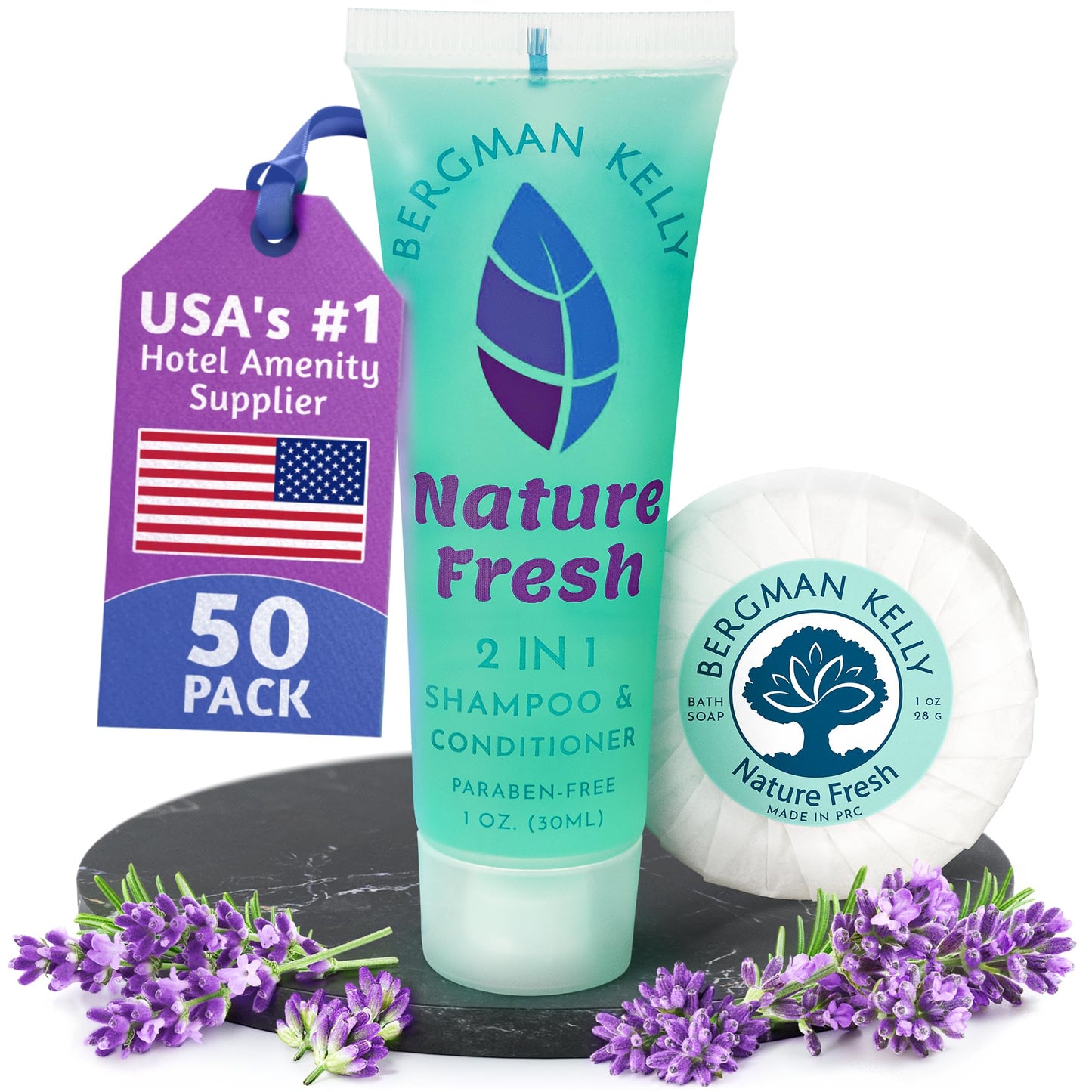 BERGMAN KELLY Round Soap Bars, 2in1 Shampoo & Conditioner 2-Piece Set (Nature Fresh, 1 oz each, 100 pc), Delight Your Guests with Refreshing & Soothing Hotel Amenities & Bulk Toiletries