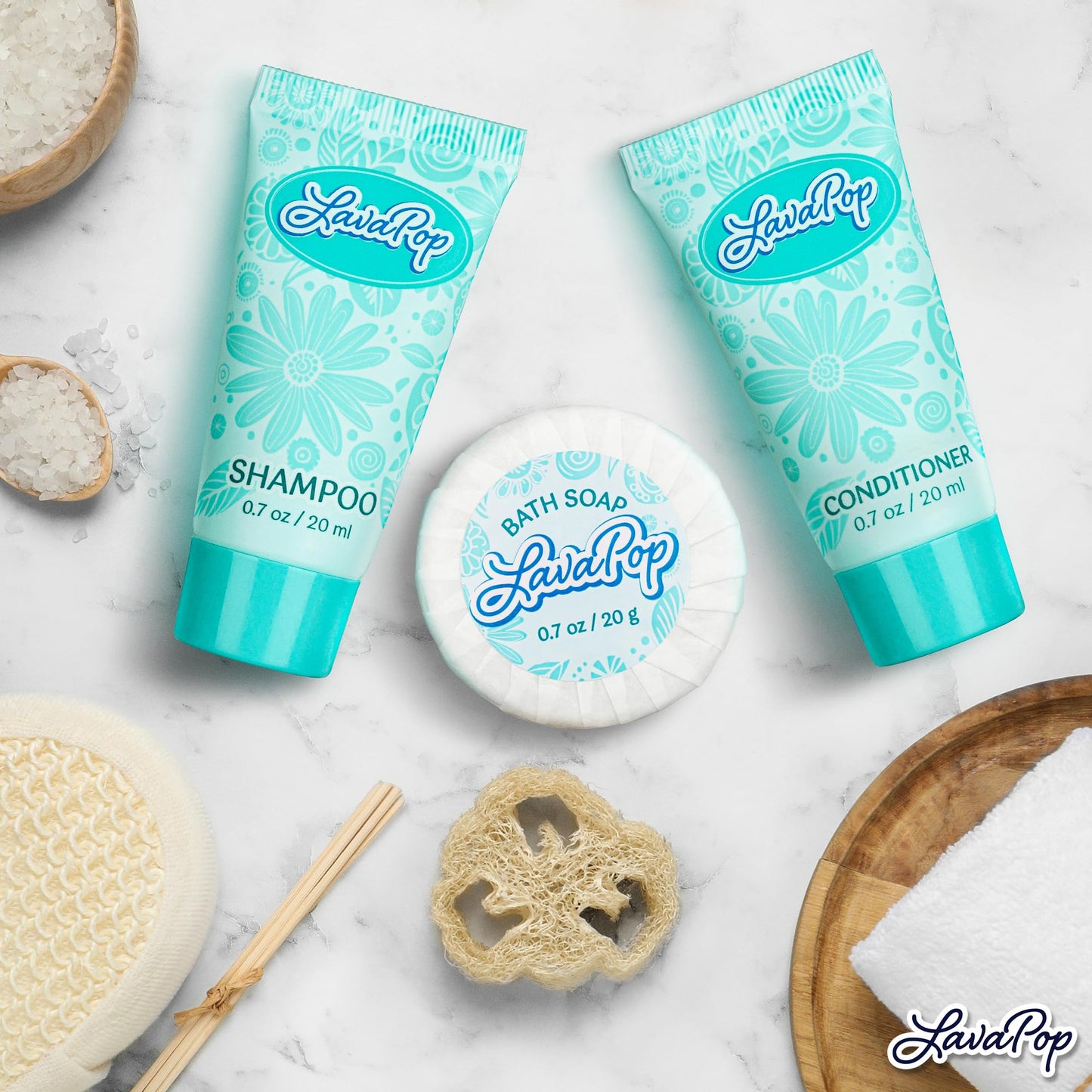 LavaPop - Hotel Soap, Shampoo & Conditioner 3-Piece Set - Iris, Violet & Amber, 0.7 oz each, 150 Pcs - Calming & Comforting Travel Size Amenities - Bulk Toiletries for Airbnb, Motels & Guest Rooms