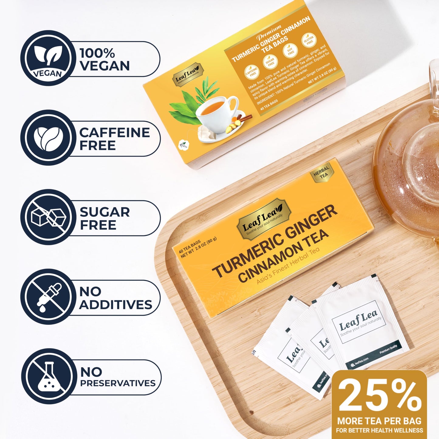 LeafLea 40 Turmeric Ginger Cinnamon Tea Bags, 100% Natural Ingredients Herbal Tea, Turmeric Ginger Herbal Blend for Wellness, Vegan, No Sugar, Caffeine-Free, Individually Wrapped for Freshness
