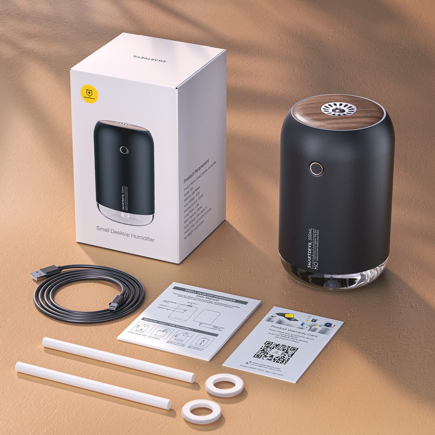 SmartDevil Portable Mini Humidifier, 500ml Desk Plant Humidifier, USB Personal for Bedroom, Office with Night Light, 2 Mist Modes, Black