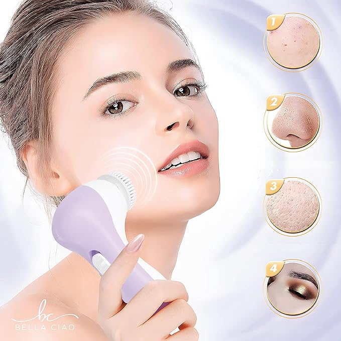 Bella Ciao 6-Piece Facial Cleansing and Exfoliating Set with Soft Facial Brush, Rolling Massager Head, Latex Sponge, Makeup Sponge, and Callus-Remover Disc, Batteries Not Included, Lavender