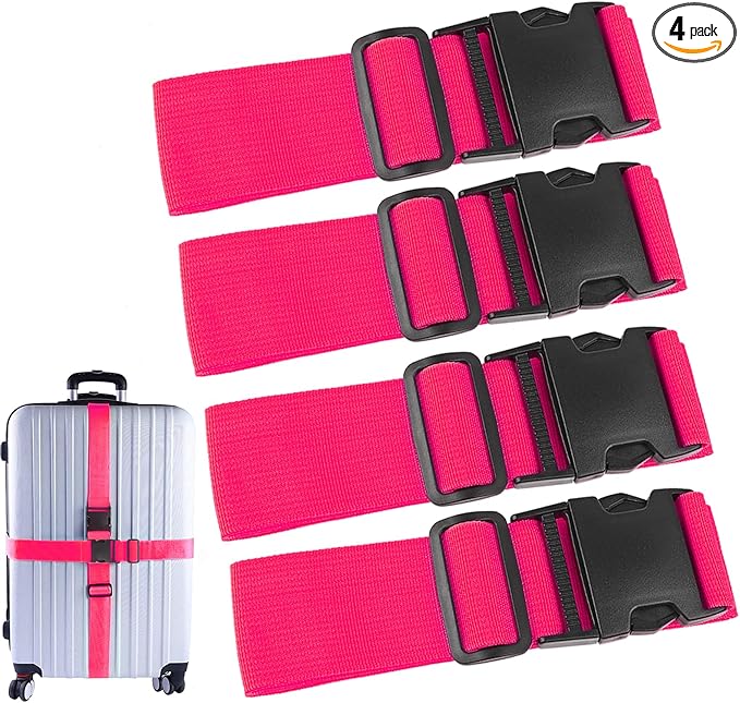 4Pcs Luggage Straps for Suitcase Travel Accessories TSA Approved, 80In Long Belts to Keep Your Suitcase Secure, Adjustable Bag Straps with Quick-Release Buckle for Travel Bag Closure, Rose