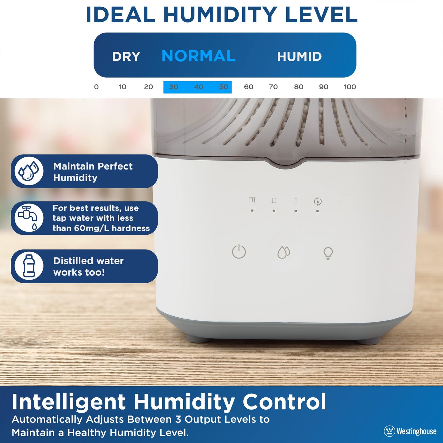 Westinghouse Ultrasonic Cool Mist Adjustable Humidifier, 4.5L Top Fill with LED Night Light and Touch Button Control