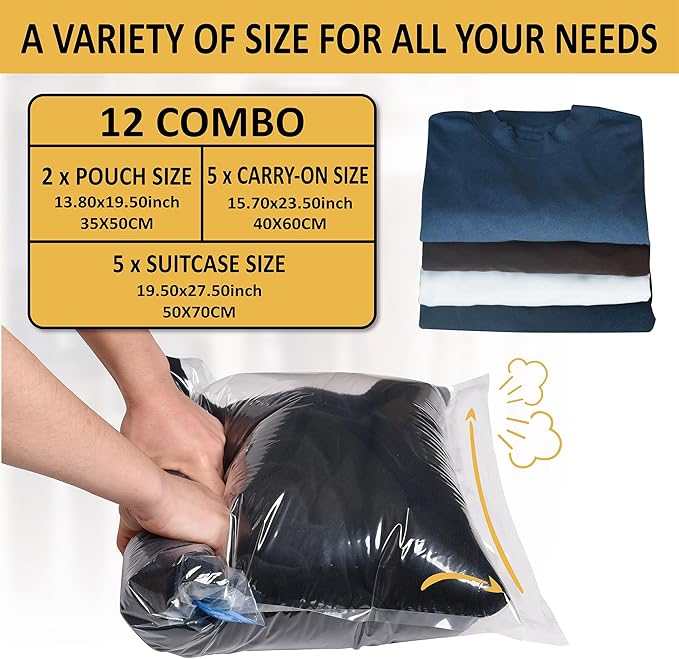 Compression Bags for Travel - Travel Essentials - 12 Pack Space Saver Bags - No Vacuum Needed - Compression Packing Bags for Cruise Accessories