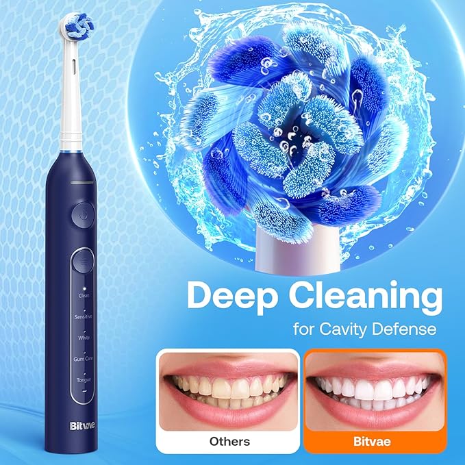 Bitvae R2 Rotating Travel Electric Toothbrush, 8 Professional Brush Heads, Carrying Case, 5 Teeth Care Modes, Pressure Alerts to Prevent Gum Injury, Long Duration