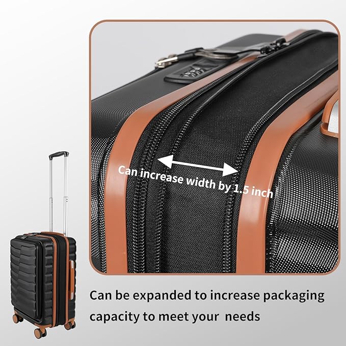 22×14×9 Airline Approved Carry On Expandable Luggage with Front Open Pocket, Spinner Wheels, ABS+PC Hardshell Small 20inch Suitcase with Protective Cover and Luggage Tag, Black
