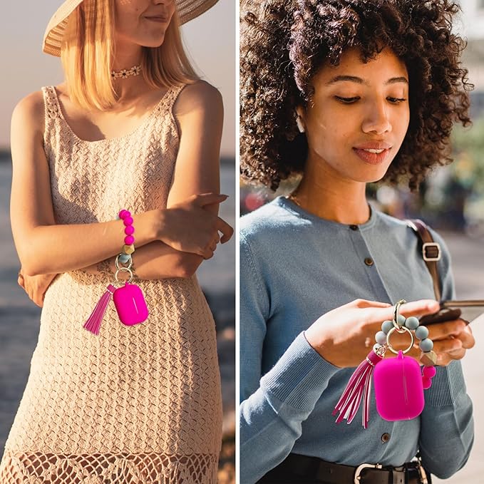 Compatible with Airpods Pro Soft Silicone Case Cover with Bracelet Keychain for Apple Airpod Pro 1st Generation Case for Women (Hot Pink)