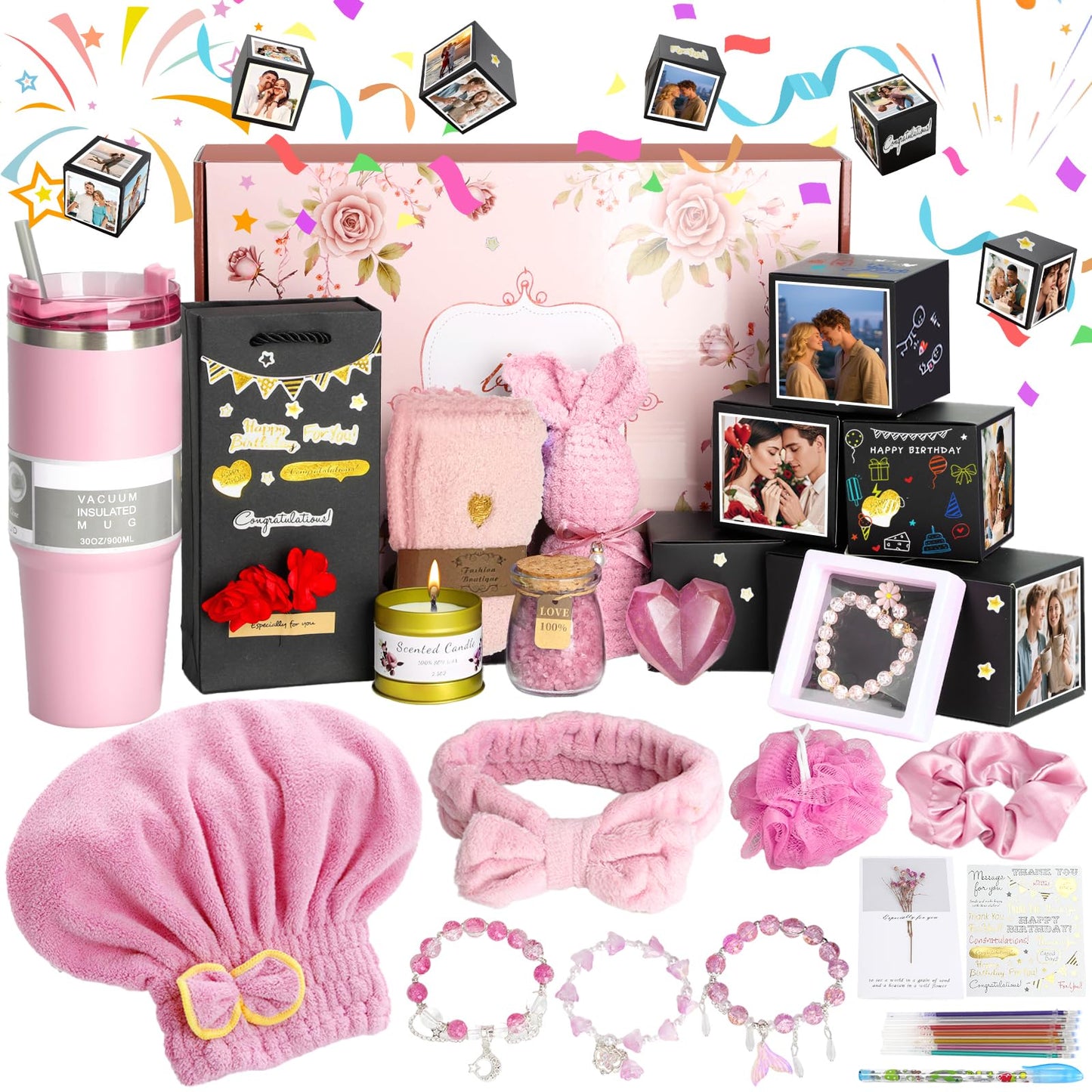 Birthday Gift Baskets for Women, 21 Piece Handmade Surprise Photo Pop Up Box Self Care Gift for Friend Mom Her Sister Wife Girlfriend Coworker, Get Well Soon Relaxing Spa Gifts, Unique Gifts Ideas