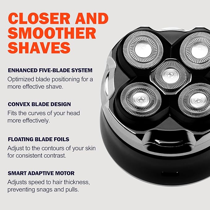5D Head Shaver for Bald Men, IPX7 Waterproof Electric Shaver with LED Display, 2-Speed Cordless Rotary Razor for Face Nose Beard, Wet/Dry USB-C Charging Gift for Men