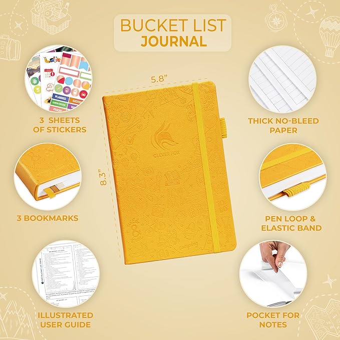 Clever Fox Bucket List Journal – Inspirational Book for Memories & Adventures – Motivational Bucket List Notebook for Couples, A5 (Amber Yellow)
