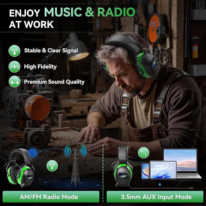 2025 AM/FM Radio Ear Protection Headphones with Backlit Digital Display, 120H Working Time, Rechargeable Hearing Protector, 30dB Noise Reduction Safety Earmuffs for Mowing, Construction, Work, Green