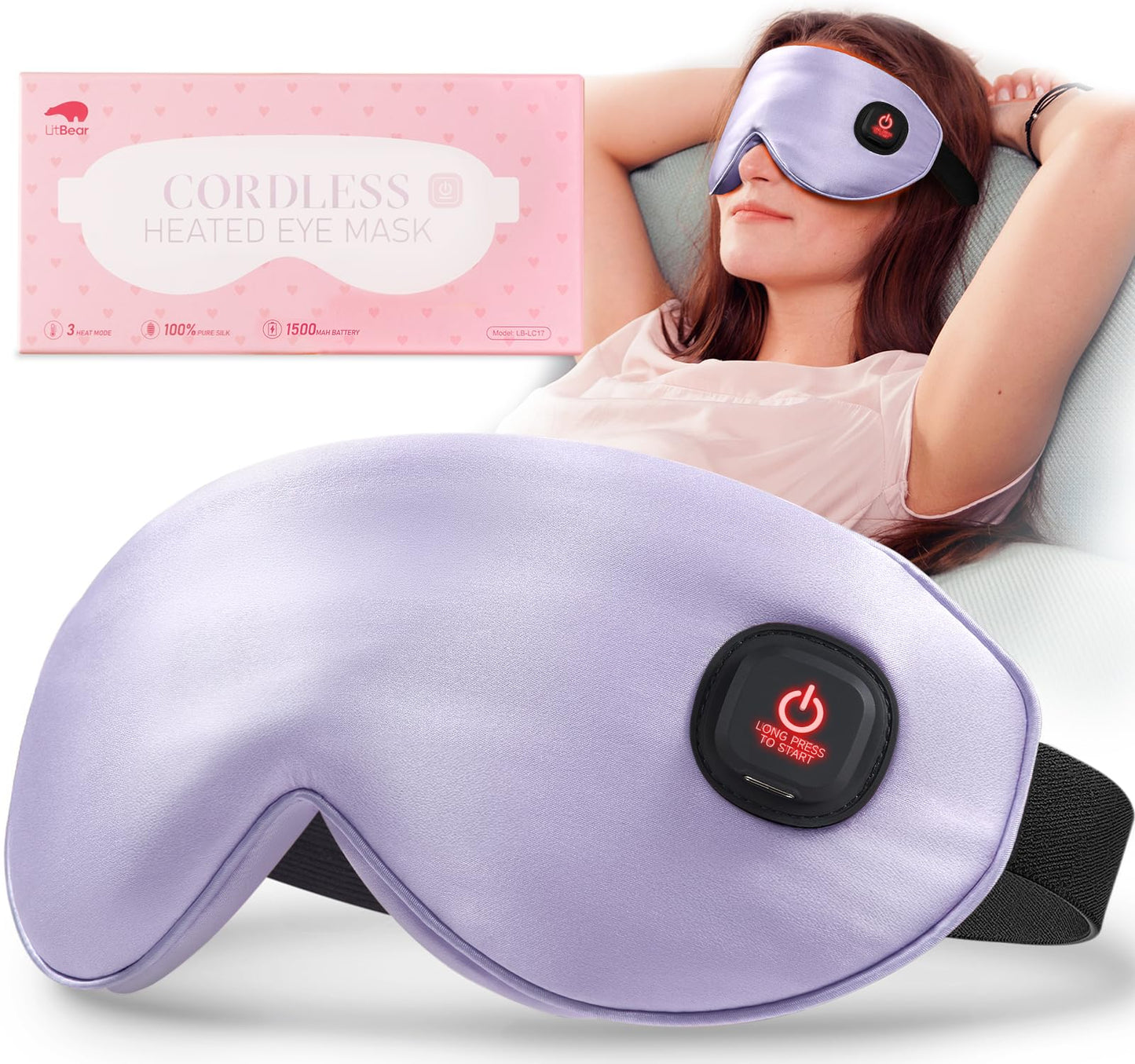 LitBear Heated Eye Mask, Silk Cordless Warm Eye Compress for Dry Eyes, Light Blocking Heat Eye Mask for Women Men, Soft Eye Heating Pad for Dry Eyes, Travel, Rechargeable, Washable Cover (Purple)