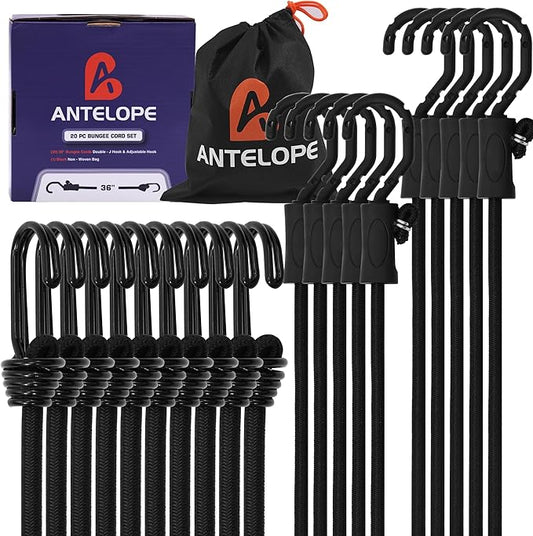 A ANTELOPE Ultimate Adjustable Outdoor Bungee Cord Assortment - Heavy Duty Set of 20 Bungee Cords (36") Double J Hooks - Versatile Elastic Straps for Fastening Tarps, Camping, Motorcycles, Bicycles