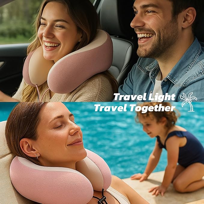 Neck Pillow for Traveling Neck Support with Cooling Ice Silk Cover, High-Density and Relatively Hard Support Machine Washable and Travel-Friendly U-Shaped Memory Foam Pillow for Airplane, Car(Pink)