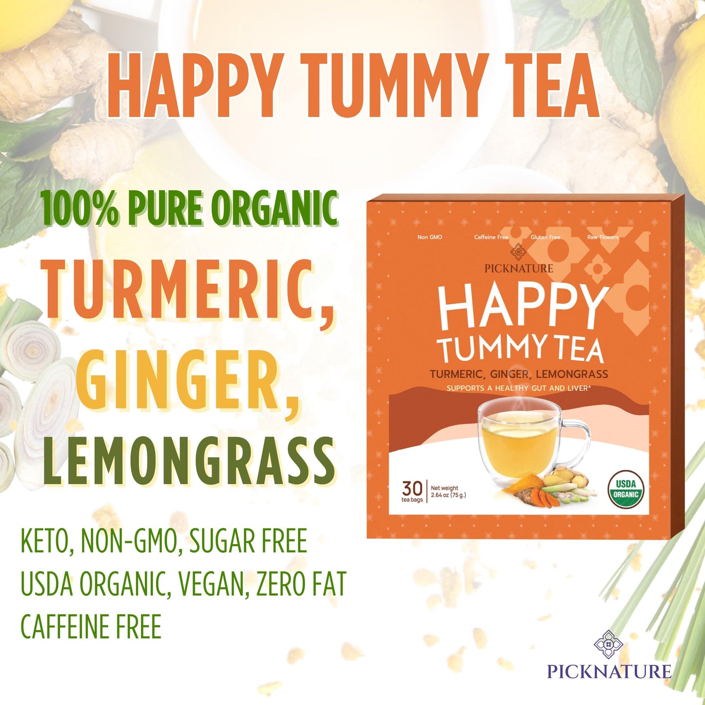 PICKNATURE USDA Organic Happy Tummy Tea - Digestive tea with Lemongrass, Turmeric, Ginger tea Freshly Picked from Thailand| 30 tea bags (100+ Cups) | Herbal Tea Gifts