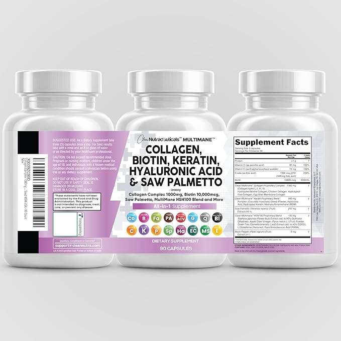 Clean Nutraceuticals Collagen Pills 1000mg Biotin 10000mcg Keratin Saw Palmetto Hyaluronic Acid - Hair Skin & Nails Vitamins & DHT Blocker with Vitamin E Folic Acid Pumpkin Seed MSM - 90 Count