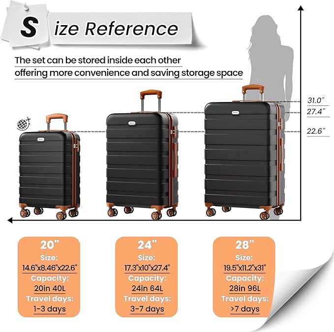 AnyZip Luggage Sets 3 Piece Hardshell Suitcase Set PC ABS Lightweight Travel Suitcases with 4 Double Spinner Wheels TSA Lock 20 24 28 Inch Black Brown