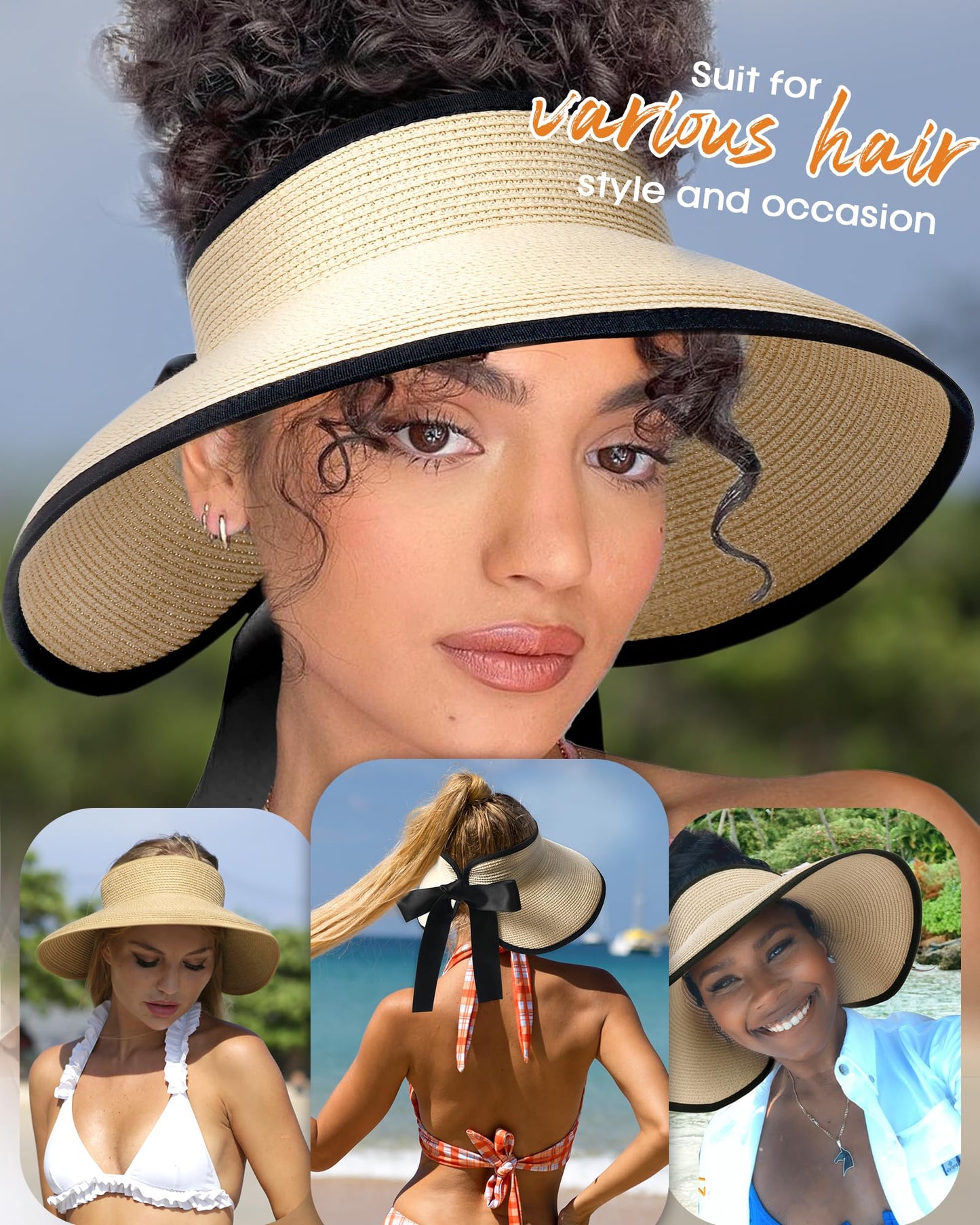 Camptrace Sun Visors for Women Wide Brim Beach Hat Foldable Straw Visor Hat Ponytail Summer Packable UPF 50+ Beige