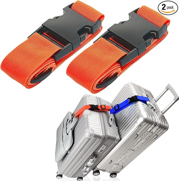 2Pack Luggage Straps Add Bag Luggages Straps to Connect Two Suitcases, Adjustable Luggage Belt Connector for Carry On, Travel Attachment Accessories for Connect Your 3 Luggages, Orange