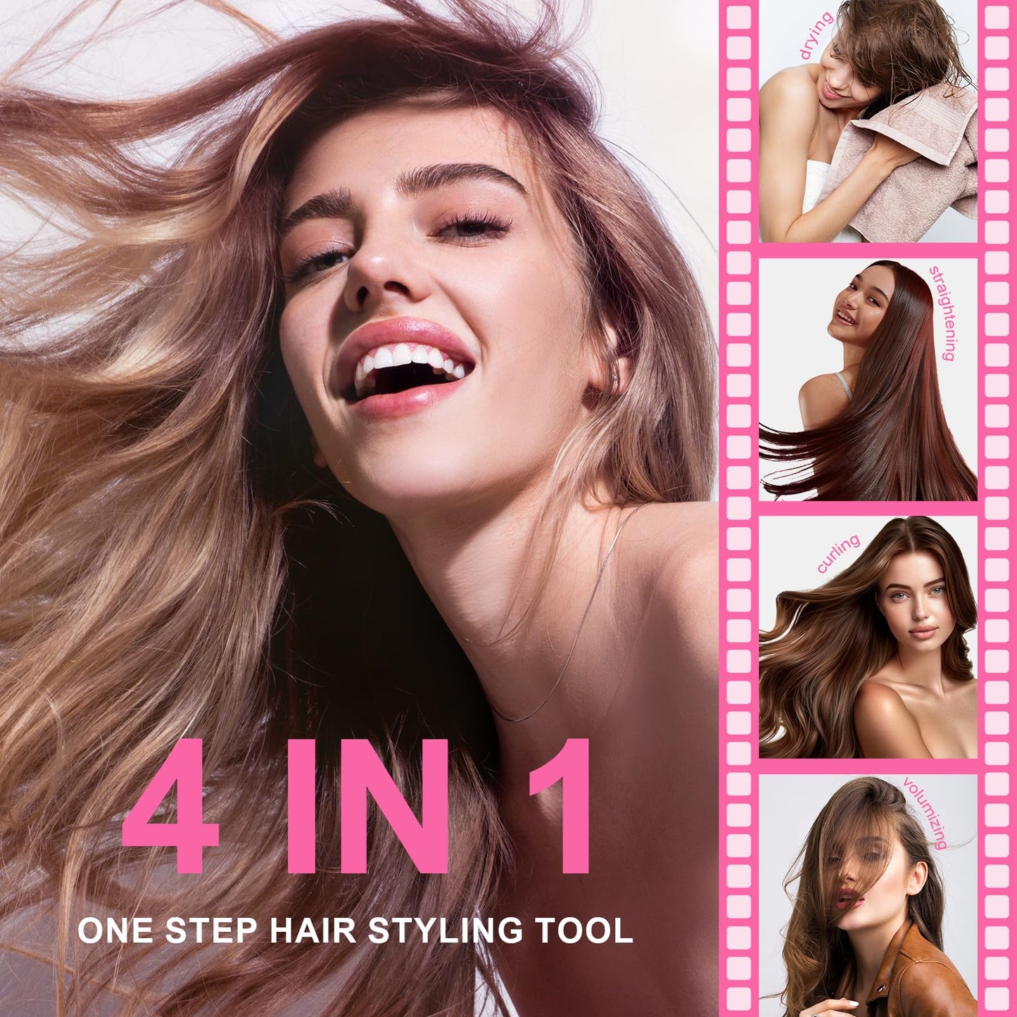 4-in-1 Travel Dual Voltage Hair Dryer Brush Blow Dryer Brush,Portable 2 inch Mini Hot Air Brush,Travel Hair Styler/Volumizer/Straightener/Curler,110-240V European Blow Dry Brush with EU&UK Plug