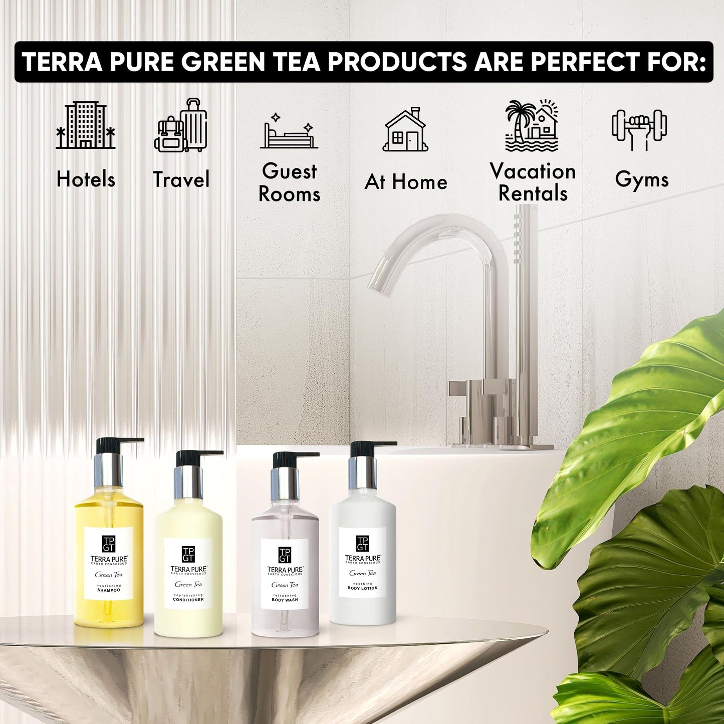 1-Shoppe Terra Pure Ecobox Amenities Kit | Green Tea Soap | Shampoo, Conditioner, Body Lotion, Body Wash | 10.14 oz | Hotel Toiletries Bulk