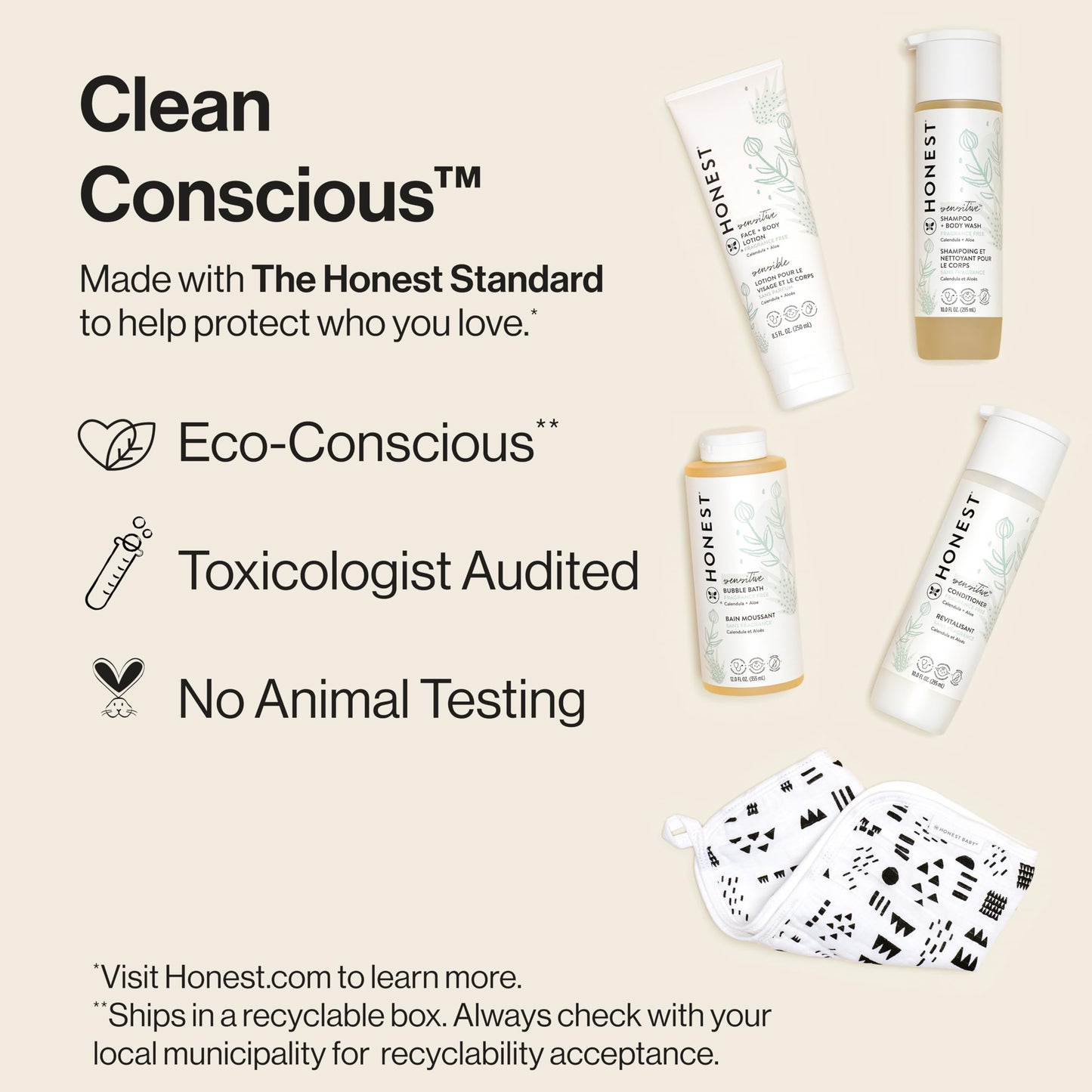 The Honest Company Fragrance Free Bathtime Gift Set | Hypoallergenic Bath Essentials for Sensitive Skin | Shampoo + Body Wash, Face + Body Lotion, Bubble Bath, Conditioner, Wash Cloth