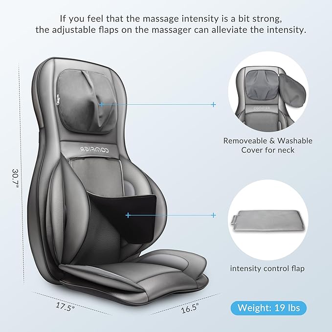 COMFIER Massager Chair with Heat, Shiatsu Neck Back Massager Portable with Compress & Rolling,Massage Chair Pad for Full Back,Neck,Full Body Pain, Gray