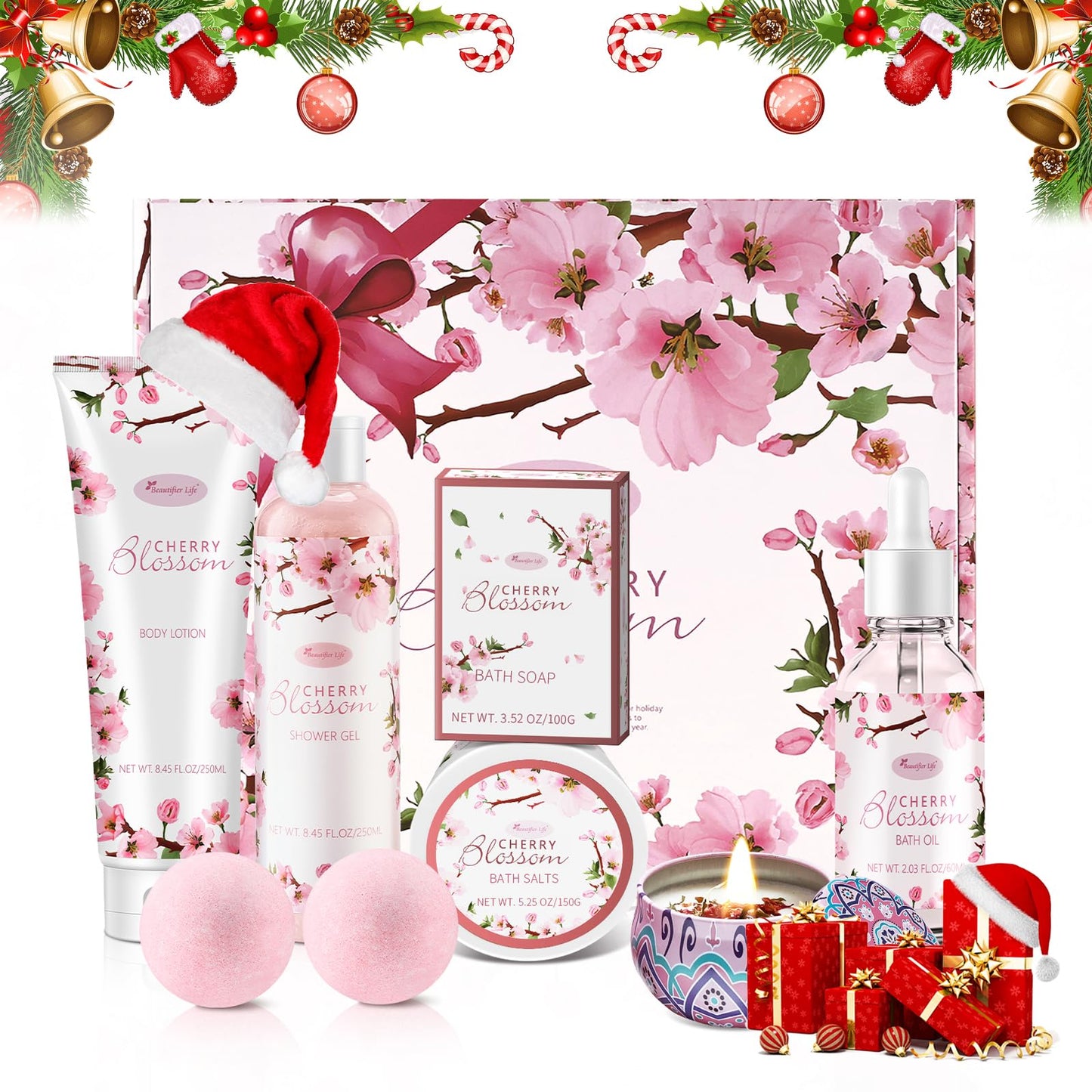 Bath and Body Gift Set for Women - Luxurious Home Spa Gift Set, Japanese Cherry Blossom Scented 7-Piece Set Including Shower Gel, Body Lotion, Bath Oil, Bath Salt, Soap, Bath Bombs, and Candle