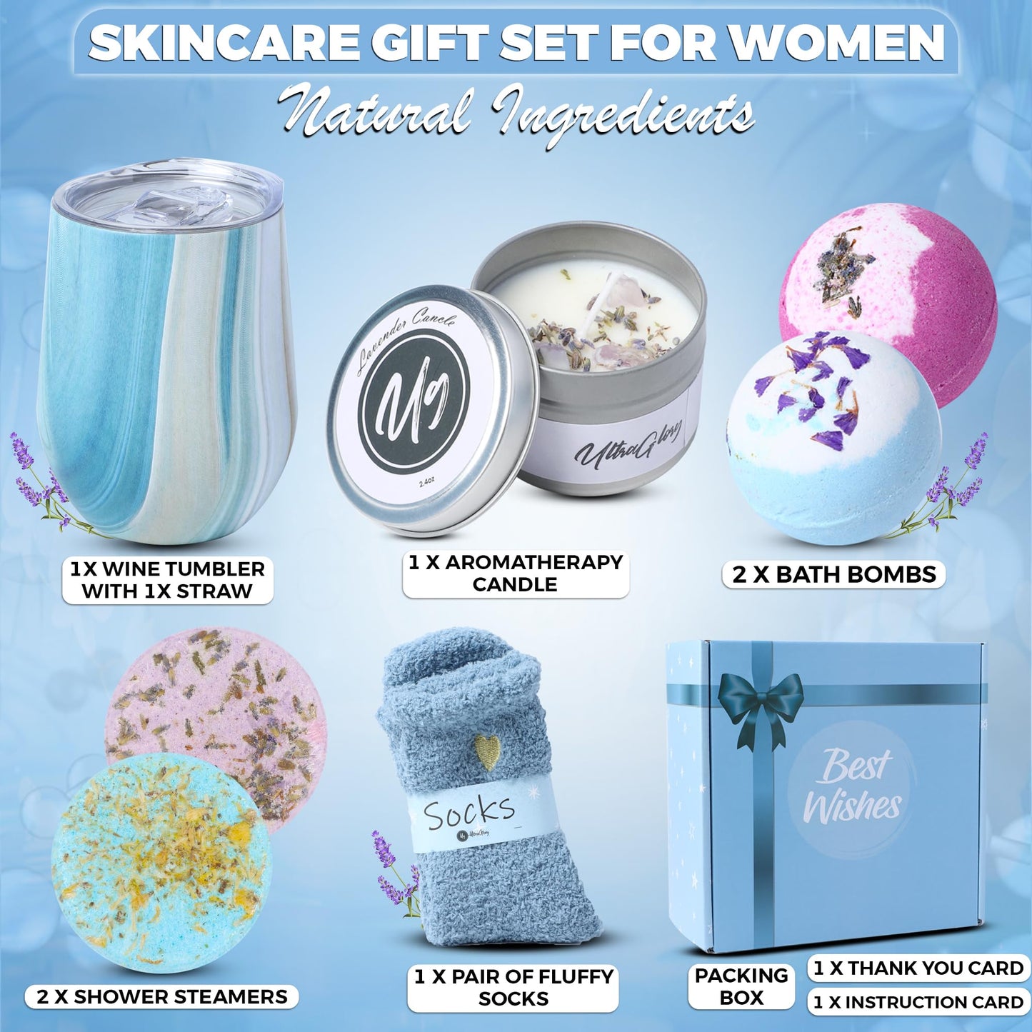 Birthday Gifts for Women – Relaxing Spa Care Package with Wine Tumbler, Bath Bombs, Candle & Socks – Self Care Gift Box for Her